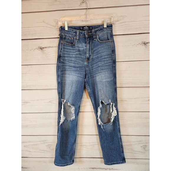 Hollister Vintage Stretch Blue Distressed Ultra High-rise Mom Jeans Size 3 Short - Picture 1 of 6
